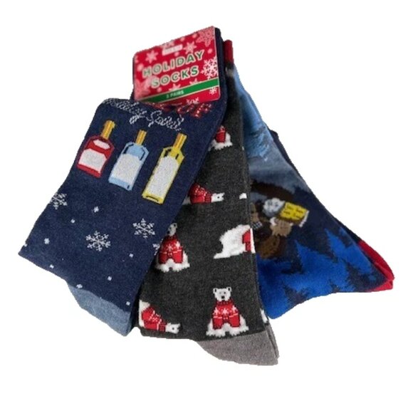 Holiday Socks Men's Crew Socks 3 Pair Spirits Bears Monkeys with Beer Size 8-13 - Picture 5 of 7